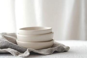Stacked Cream Bowls on Linen Napkin
