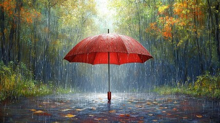 Bright red umbrella standing resilient in heavy rain showcasing stormy weather