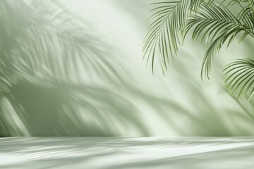 Empty light green backdrop with palm shadows