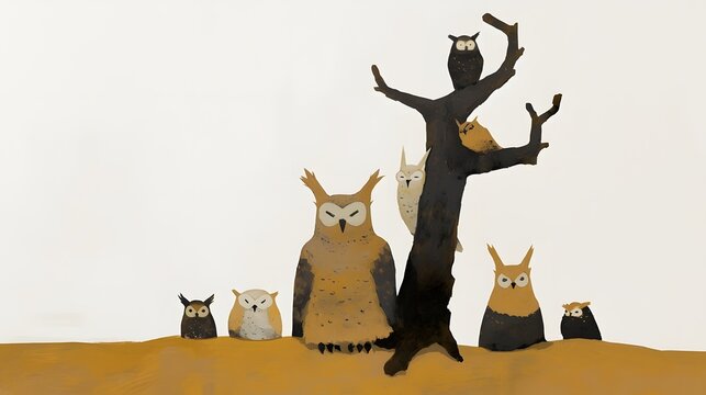 of a parliament of wise owls perched on the branches of ancient oak trees in a mysterious moody forest setting  The owls sit together in a contemplative symbolic pose evoking a sense of folklore