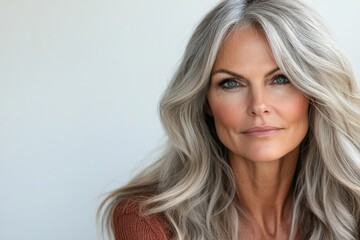 Naklejka premium A detailed shot of a lovely, mature European woman. A gorgeous mid-aged lady in her 40s-50s, gazing into the camera, isolated on a white backdrop