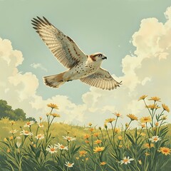 A digital painting depicts a bird in flight over a field of flowers, with a clear blue sky and fluffy white clouds in the background.
