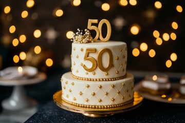 A backdrop for a 50th birthday celebration featuring golden sparkles and a birthday cake