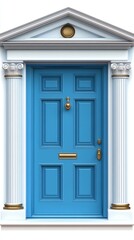 Fototapeta premium An isolated white backdrop featuring a classic blue wooden door with a frame