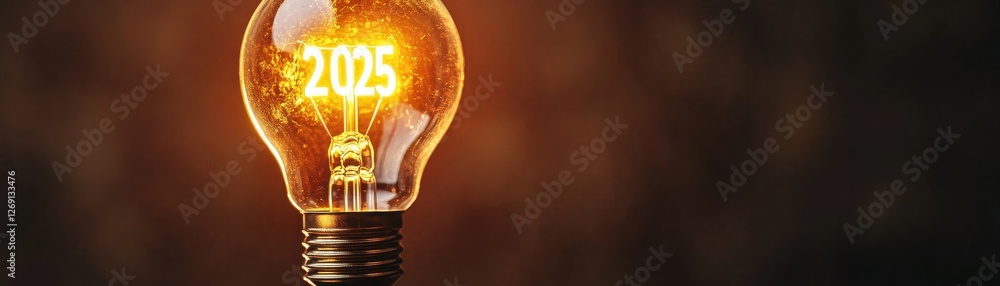 Poster light bulb with illuminated number 2025 glowing against a warm background representing ideas and fut