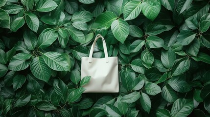 A stylish white bag hanging gracefully on a lush green leaf wall in a natural setting