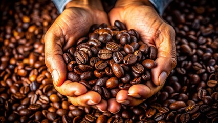 Roasted Coffee Beans Close-Up: Rich Brown Grains Held Between Fingers