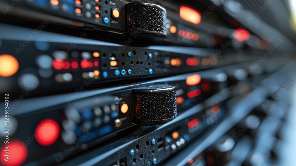 Poster rack of servers with multicolored lights illuminating a data center in a modern technology setting