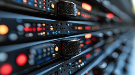 Naklejka premium Rack of servers with multicolored lights illuminating a data center in a modern technology setting