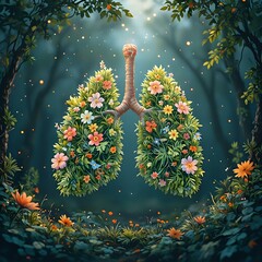 A digital illustration portrays a pair of lungs fashioned from foliage, surrounded by a lush, verdant forest with flowers and trees.