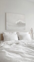 Minimalist Wave Painting Hanging Above a Bed