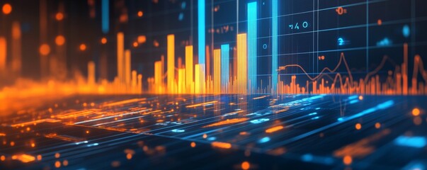 Digital Data Visualization Abstract glowing charts and graphs on a futuristic screen background