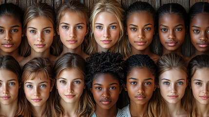 Portrait of diverse young women with captivating blue eyes