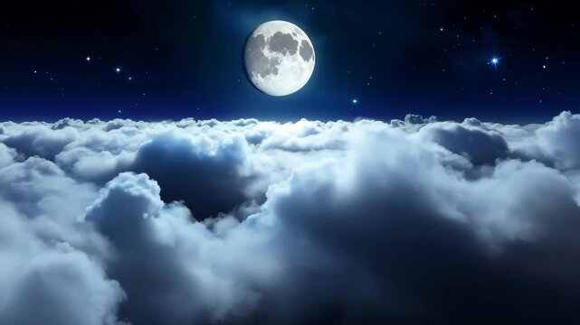 Majestic full moon rising and illuminating night sky above rolling clouds