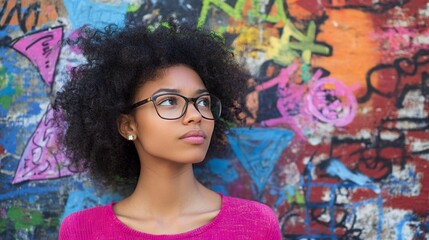 Fototapeta premium A young woman thinking with question marks on a colorful background, leaving space for copy. A young female in glasses and a pink shirt having an idea while looking at doodle arrows above an isolated 
