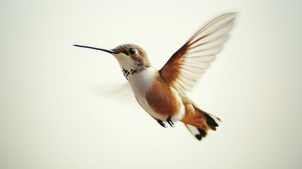 Fototapeta premium A tiny hummingbird hovering in midair, delicate wings blurred against a white background