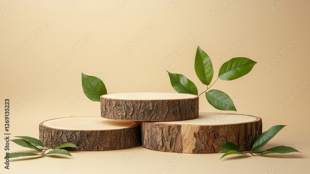 Aufkleber three wooden display platforms arranged artfully, adorned with vibrant green leaves. the neutral bac