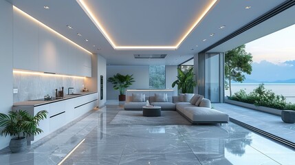 Modern minimalist living room with ocean view, sleek kitchen, and large sliding doors.