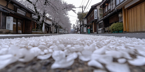 Cherry Blossom Street Covered in Pink Petals