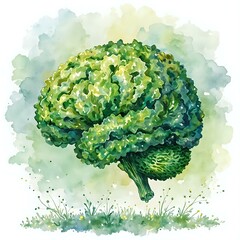 A watercolor painting features a stylized depiction of a brain composed of green leaves, set against a blurred natural background.