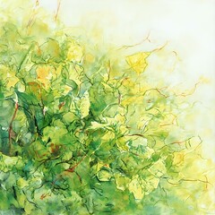 The image is a vibrant painting that showcases a lush, green plant with yellow flowers or leaves, rendered in a loose, fluid style with visible brushstrokes.