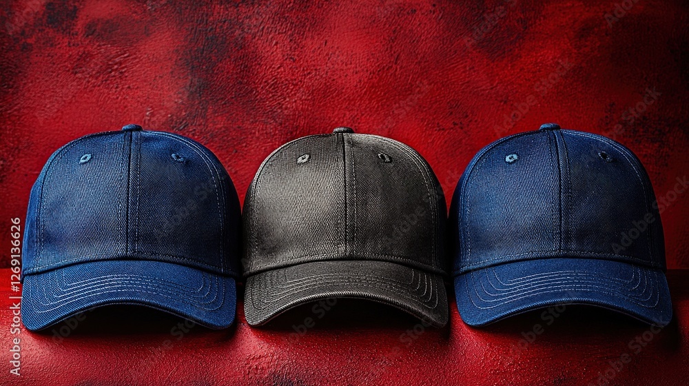 Poster three stylish caps displayed in a row, each with a different shade and appealing design. the caps ar