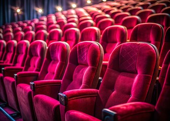 Rows of Red Velvet Cinema Seats: Close-Up View of Empty Theater Chairs