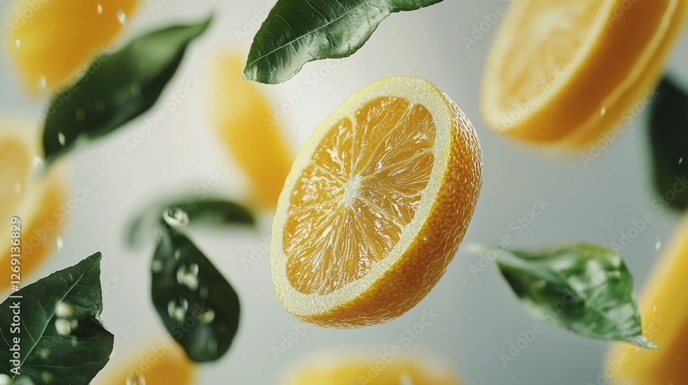 Poster bright yellow lemon slices hover gracefully with emerald green leaves, creating a refreshing display