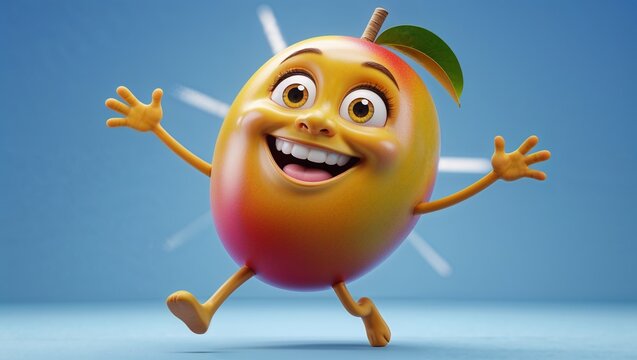 Smiling 3D cartoon mango with eyes, arms, and legs, radiating happiness ,3D funny cartoon of a mango. Agriculture, fruit and healthy food. 