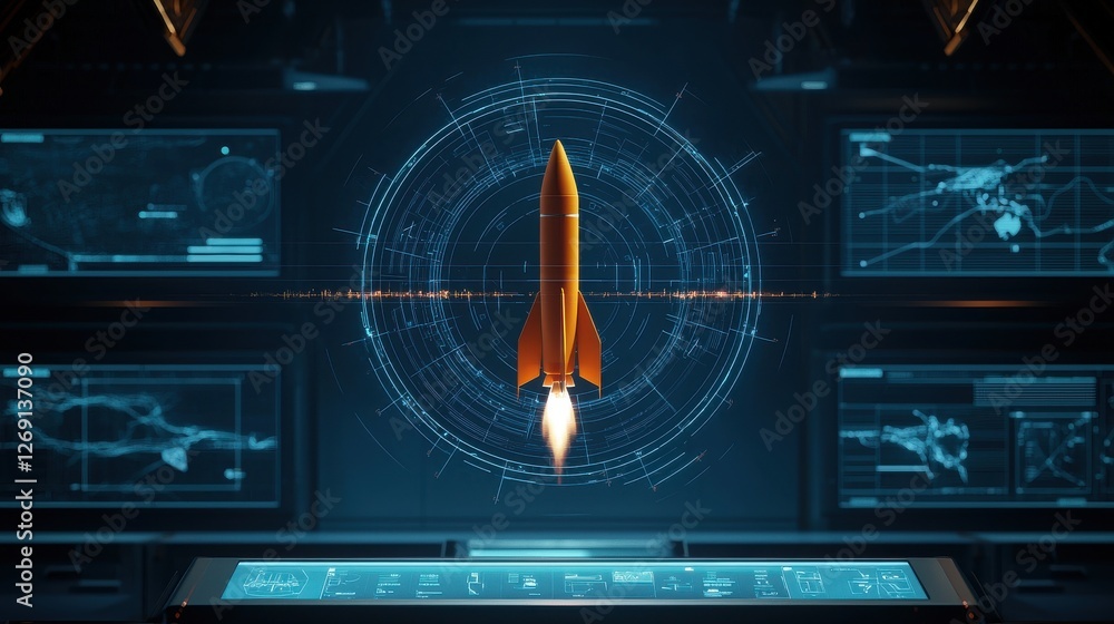 Poster launching space rocket and business concept. futuristic rocket launch with digital displays and holo