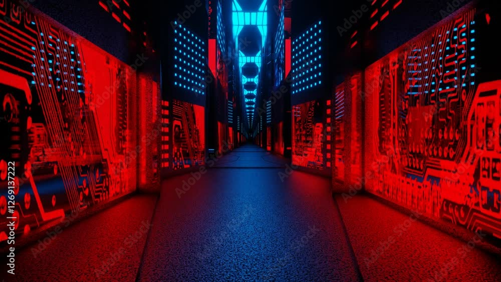 Poster endless forward movement inside gloomy dark fantasy corridor with flashing red and blue lights. 3d r