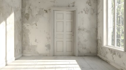 empty room with damaged walls and white door