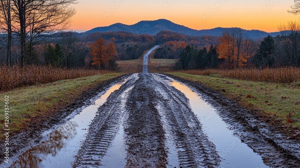 Wall mural Serene rural road at sunset with muddy tracks leading to distant hills and autumn foliage