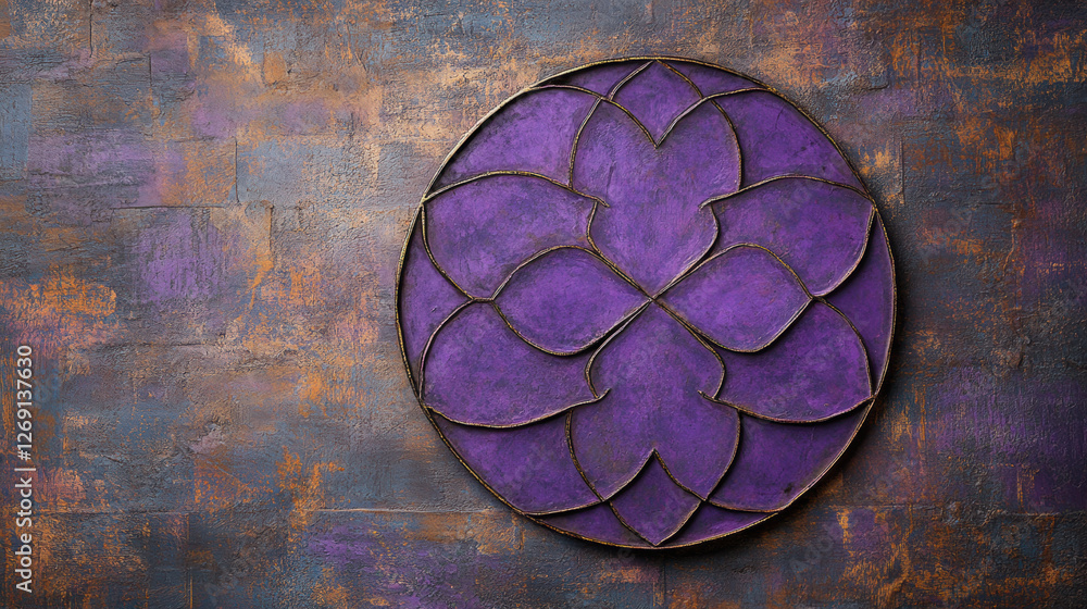 Poster bohemian background, circular purple design with petal patterns on a textured background.