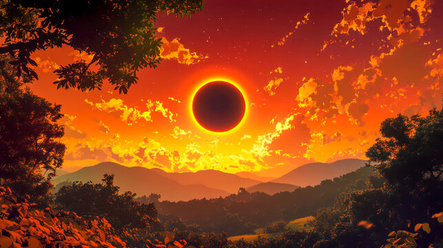 Anime-inspired concept art featuring a breathtaking sky, a vibrant sunset, and a mesmerizing landscape with a dramatic eclipse. Stunning AI-generated anime-style illustration