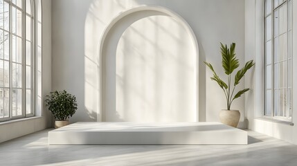 minimalist white room with archway and plants