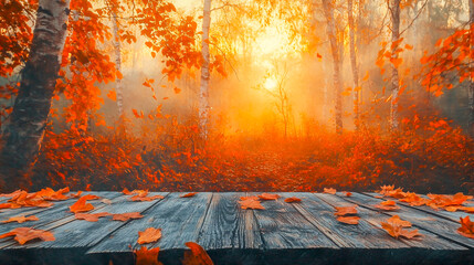 Naklejka premium Autumn Table - Vibrant Orange Leaves on Rustic Wooden Plank at Sunset in a Serene Forest