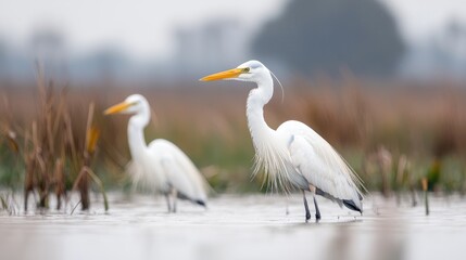 Obraz premium Two great egrets stand in the shallow water of a misty wetland during a calm day.