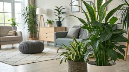 Fototapeta premium Air Purifying Houseplants. Sustainable green living. Stylish living room featuring air-purifying houseplants, promoting sustainable green living aesthetics.