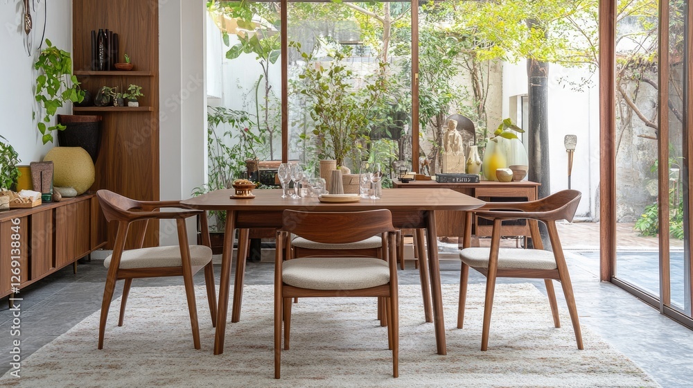 Aufkleber a cozy, inviting dining table setup with four matching chairs, placed in a bright open space.