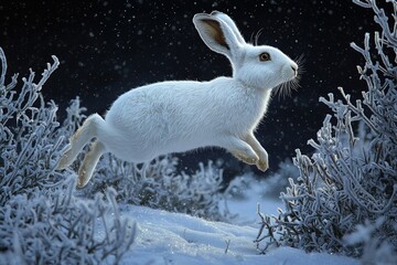 A white arctic hare hopping through frost-covered bushes under moonlight