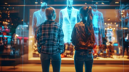 Futuristic fashion design studio with holographic garment display and creative designers tweaking fabric textures for innovative textile designs