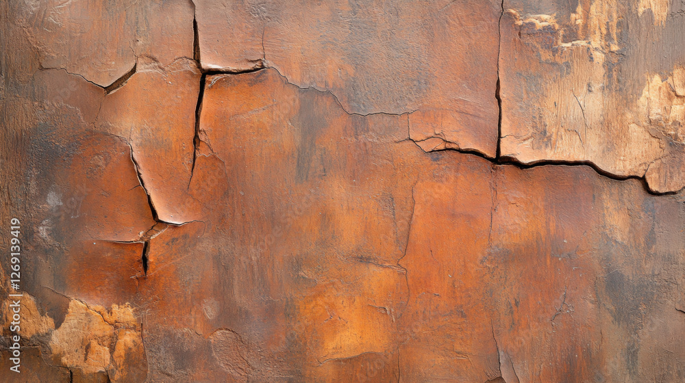 Poster bohemian background, weathered surface with deep cracks and rust-colored tones, showcasing texture a