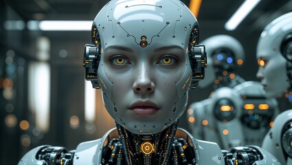 Futuristic Robots in a High-Tech Facility,robot cyborg person 