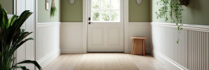 Fototapeta premium Serene Entryway With White Paneling And Greenery