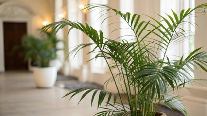 Air Purifying Houseplants. Sustainable green living. Air-purifying parlor palm plant in sharp focus, showcasing sustainable green living aesthetics.