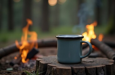 Outdoor recreation. Cup of coffee is on log next to fire. Fire is orange and yellow, and cup with drink is blue. Scene is cozy and warm, fire creates feeling of comfort.