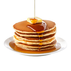 Tasty stack of pancakes with honey and butter, isolated on white transparent background