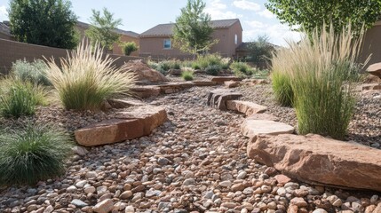 A dry stream bed rock garden with a natural-looking rock pathway, ornamental grasses, and small shrubs.