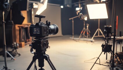 Studio camera filming, lights, setup, production, background